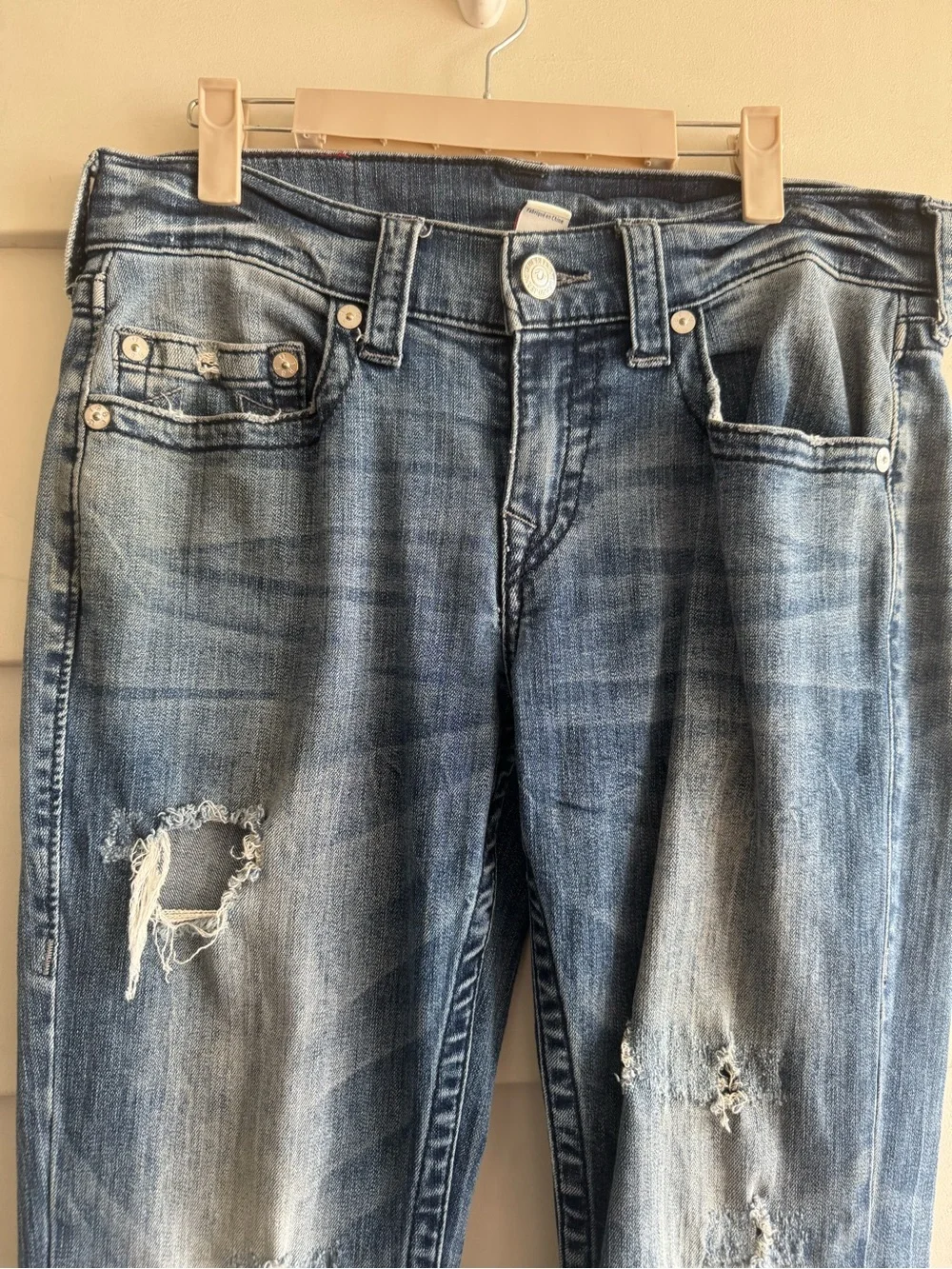 True Religion Unisex Blue Distressed Slim Jeans Sz 30